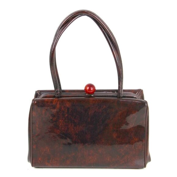 VINTAGE Palizzio PATENT BROWN LEATHER FRAME BAKELITE HANDBAG POCKETBOOK SATCHEL - Picture 2 of 15